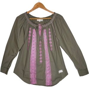 Odd Molly Olive Green Pink Embroidered Bohemian Long Sleeve Tunic Top Size Large